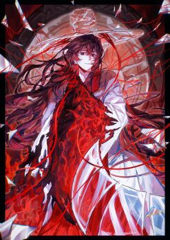 1boy absurdres black_hair broken_glass burning_clothes e.g.o_(project_moon) gat_(hat) glass glass_shards great_trichiliocosm_(e.g.o) hair_between_eyes hanbok hat highres korean_clothes limbus_company long_hair long_sleeves looking_at_viewer male_focus project_moon red_eyes see-through_hat solo string string_of_fate torn_clothes very_long_hair white_hanbok xiaorourose yi_sang_(project_moon)