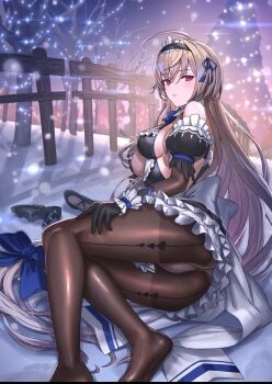 1girl ass ass_focus bad_id bad_pixiv_id bare_shoulders black_pantyhose bodystocking breasts brown_hair christmas_lights cleavage_cutout clothing_cutout cuboon evertale evolution feet_out_of_frame gloves hair_spread_out hairband hand_on_own_hip highres legs_together long_hair looking_at_viewer looking_back low-tied_long_hair lying maid medium_breasts on_side outdoors panties panties_under_pantyhose pantyhose puffy_short_sleeves puffy_sleeves red_eyes rizette see-through_clothes see-through_legwear see-through_sleeves shoes short_sleeves sideboob skirt sleeve_cuffs snow soles solo underwear unworn_shoes very_long_hair