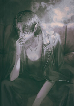 1girl barbell_piercing between_legs bracelet chain chain_necklace cigarette collarbone commentary_request couch curtained_hair doloyume ear_piercing earrings eyelashes feet_out_of_frame hand_between_legs hand_up highres holding holding_cigarette industrial_piercing jacket jacket_on_shoulders jewelry leather leather_jacket limited_palette multiple_rings necklace on_couch original pants parted_bangs piercing ring shirt short_hair smoke smoke_trail smoking solo stud_earrings