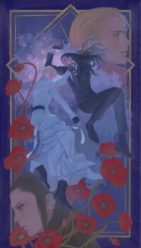 Rule 34 | 2boys, bindo, black boots, black gloves, black hair, black jacket, black pants, black suit, blonde hair, boots, border, closed mouth, coat, collared shirt, final fantasy, final fantasy vii, final fantasy vii remake, fingerless gloves, flower, formal clothes, full body, fumelex, gloves, hair slicked back, hand on another's cheek, hand on another's face, hashtag-only commentary, highres, jacket, light smile, long coat, long hair, male focus, multiple boys, necktie, panties, pants, purple border, red flower, red necktie, rufus shinra, shirt, short hair, sidelocks, suit, suit jacket, tseng, underwear, white coat, white panties, white shirt, yaoi