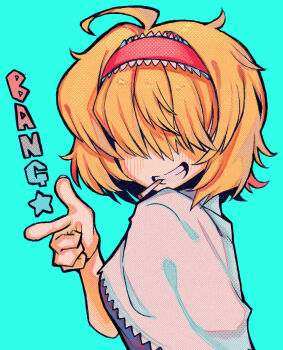 1girl ahoge alice_margatroid bang_(gesture) blonde_hair blue_background blush capelet cigarette commentary_request cookie_(touhou) finger_gun frilled_hairband frills grin hair_over_eyes hairband highres jigen_(cookie) long_bangs melanin_shikiso red_hairband short_hair simple_background smile solo touhou upper_body white_capelet