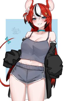 1girl :d absurdres animal_ear_fluff animal_ears black_choker black_hair black_jacket blue_eyes bow breasts camisole choker cleavage colored_tips commentary cowboy_shot crossed_bangs dice_hair_ornament dolphin_shorts double-parted_bangs grey_camisole grin hair_between_eyes hair_ornament hakos_baelz highres hololive hololive_english jacket large_breasts long_hair looking_at_viewer midriff mouse_ears mouse_girl mouse_tail multicolored_hair navel off_shoulder open_mouth red_hair sharp_teeth short_shorts shorts simple_background sleeves_past_fingers sleeves_past_wrists smile solo soup_(soupysoull) streaked_hair tail tail_bow tail_ornament teeth very_long_hair virtual_youtuber white_hair