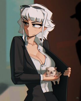 1girl animal baby_animal black_jacket blunt_bangs blurry blurry_background breasts cleavage closed_mouth collared_shirt commentary dog english_commentary eyewear_on_head grawlix_(shibansfw) grey_eyes highres holding holding_animal holding_dog jacket large_breasts long_sleeves looking_around looking_to_the_side open_clothes open_jacket original partially_unbuttoned puppy raised_eyebrow shibansfw shirt short_hair solo sunglasses upper_body white_hair white_shirt