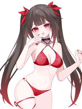 Rule 34 | 1girl, :d, alternate costume, bikini, black choker, blunt bangs, blush, breasts, brown hair, chest tattoo, choker, cleavage, collarbone, commentary, criss-cross halter, facial mark, fingernails, flower tattoo, halterneck, hand up, highres, honkai: star rail, honkai (series), kino (curry pan), long hair, looking at viewer, medium breasts, multicolored hair, nail polish, navel, o-ring, o-ring bikini, o-ring bottom, open mouth, red bikini, red eyes, red hair, red nails, revision, simple background, smile, solo, sparkle (honkai: star rail), stomach, string bikini, swimsuit, tattoo, twintails, very long hair, white background