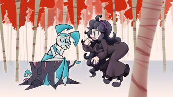 2girls :&lt; @_@ absurdly_long_hair adjusting_clothes android arm_support ass breasts colored_skin crazy_eyes crossover dress forest full_body galactabee hair_between_eyes hairband hex_maniac_(pokemon) hex_maniac_(pokemon_xy) highres jenny_wakeman joints legs_together log long_dress long_hair long_sleeves looking_at_another medium_breasts messy_hair multiple_girls my_life_as_a_teenage_robot nature nintendo open_mouth pokemon pokemon_xy purple_dress purple_eyes purple_hair purple_hairband robot robot_girl robot_joints sad sitting skin_tight skirt spider_web_print tree twintails very_long_hair wavy_hair white_skin wide_hips