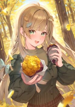 1girl :d absurdres ahoge alternate_costume alternate_hairstyle autumn blunt_bangs blurry blurry_background blush bow breasts brown_skirt buttons cardigan choppy_bangs commentary_request food green_bow green_cardigan green_eyes green_shirt hair_bow hair_ornament highres holding holding_food hololive kazama_iroha leaf_hair_ornament long_sleeves looking_at_viewer offering_food open_mouth plaid_clothes plaid_skirt roasted_sweet_potato shirt skirt smile solo sweet_potato teeth tree tsubasasekai upper_body upper_teeth_only virtual_youtuber