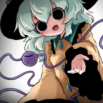 1girl :d black_eyes blush empty_eyes frilled_sleeves frills gradient_background green_hair grey_background hair_between_eyes hat heripantomorrow komeiji_koishi long_sleeves looking_at_viewer open_mouth shirt short_hair sleeves_past_wrists smile solo third_eye touhou wide_sleeves yellow_shirt