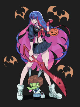 1girl blue_eyes blue_hair blue_skirt blunt_bangs breasts brown_hair caranvolo chuck_(psg) colored_inner_hair cosplay gloves halloween halloween_bucket halloween_costume happy_halloween highres kill_la_kill large_breasts long_hair looking_at_viewer mankanshoku_mako mankanshoku_mako_(cosplay) matoi_ryuuko matoi_ryuuko_(cosplay) midriff multicolored_hair navel open_mouth panty_&amp;_stocking_with_garterbelt pink_hair pleated_skirt pumpkin purple_hair revealing_clothes school_uniform scissor_blade_(kill_la_kill) senketsu serafuku short_hair skirt stocking_(psg) suspenders thighhighs two-tone_hair weapon