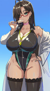 1girl antenna_hair black_hair black_one-piece_swimsuit black_thighhighs breasts cleavage day dripping eating food food_in_mouth front_zipper_swimsuit_(realise) glasses glowing glowing_tattoo green_eyes hand_on_own_hip hasegawa_chisato heart heart-shaped_pupils highleg highleg_one-piece_swimsuit highres holding holding_food ice_cream ice_cream_bar jewelry large_breasts long_hair mature_female melting mole mole_under_eye mouth_hold one-piece_swimsuit ookuma_nekosuke popsicle ring sexually_suggestive shinmai_maou_no_testament solo sweat swimsuit swimsuit_under_clothes symbol-shaped_pupils tattoo thighhighs thighs