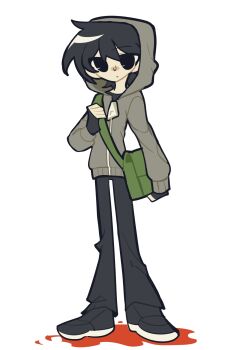 1boy bag black_eyes black_gloves black_hair blood contrapposto cry_of_fear expressionless fingerless_gloves full_body gam_chihot gloves grey_hoodie hashtag-only_commentary highres holding holding_bag hood hood_up hoodie looking_at_viewer male_focus pool_of_blood short_hair shoulder_bag simon_henriksson solo standing