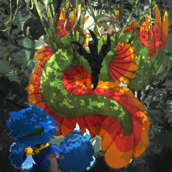 2girls bird_legs bird_tail blue_feathers blue_hair claws commission dappled_sunlight dinosaur_girl entangled feathered_dinosaur feathered_wings feathers forest green_feathers green_hair harpy headband highres long_hair monster_girl multicolored_wings multiple_girls nature orange_feathers original pixiv_commission plant pointy_ears ponytail red_feathers sunlight tail talons urotori vines winged_arms wings