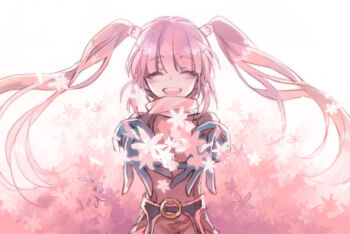 Rule 34 | 1girl, bodysuit, closed eyes, commentary request, flower, gloves, long hair, ninjin (charat7), open mouth, purple hair, smile, solo, sophie (tales), tales of (series), tales of graces, twintails