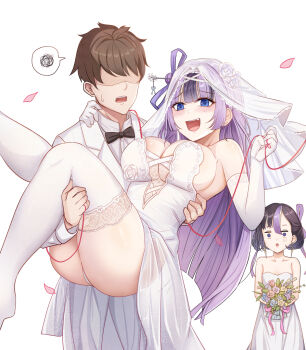 1boy 2girls black_bow black_bowtie black_hair blue_eyes blush bouquet bow bowtie breasts bridal_veil brown_hair carrying chinese_hairpin cleavage commander_(nikke) commentary dress elbow_gloves fang flower formal_clothes gloves goddess_of_victory:_nikke hair_bun hair_over_eyes hair_ribbon half-siblings half-sisters highres holding holding_bouquet jien_(nikke) large_breasts long_hair multiple_girls open_mouth panties petals princess_carry purple_hair ribbon short_hair spoken_squiggle squiggle string string_of_fate suit surprised sweatdrop syuen_(nikke) thighhighs thighs underwear veil wedding_dress white_gloves white_panties white_suit white_thighhighs yougenko