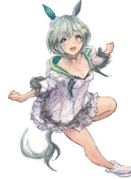 1girl animal_ears blue_eyes blush breasts brown_choker choker cleavage collarbone commentary_request dress ear_covers flower green_sailor_collar grey_hair hair_between_eyes hair_flower hair_ornament hairclip horse_ears horse_girl horse_tail looking_at_viewer open_mouth sailor_collar seiun_sky_(reeling_in_the_big_one)_(umamusume) seiun_sky_(umamusume) short_hair simple_background single_ear_cover small_breasts smile solo sunflower sunflower_hair_ornament tail umamusume white_background white_dress yanagi_wakana yellow_choker