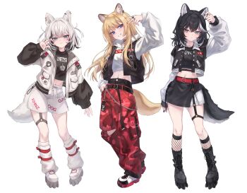 3girls :3 absurdres animal_ear_piercing animal_ears baggy_clothes baggy_pants belt black_boots black_hair black_jacket black_shirt black_skirt black_vest blonde_hair blue_eyes boots chain chain_necklace claw_pose collar commentary cropped_hoodie dog_ears dog_girl dog_tail fishnet_kneehighs fishnets full_body grin hand_in_pocket highres hood hood_down hoodie inward_v jacket jewelry kmnz kneehighs lita_(kmnz) long_hair long_sleeves looking_at_viewer loose_socks medium_hair midriff miniskirt multicolored_hair multicolored_jacket multiple_girls multiple_rings navel necklace nero_(kmnz) open_clothes open_jacket open_vest pants pendant platform_boots platform_shoes red_belt red_pants rei_(9086) ring shirt shoes shorts simple_background skirt smile socks streaked_hair tail tina_(kmnz) two-tone_hair two-tone_jacket two_side_up v vest virtual_youtuber white_background white_hair white_hoodie white_jacket white_shorts zipper