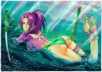 Rule 34 | 1girl, ass, backless swimsuit, butterfly cutout, feet up, green one-piece swimsuit, highres, looking at viewer, lying, marvel, marvel rivals, official alternate costume, on stomach, one-piece swimsuit, partially submerged, planted, planted sword, planted weapon, psylocke, psylocke (breezy butterfly), purple hair, rodrigo yoshimiya, scabbard, sheath, smile, solo, swimsuit, sword, the pose, water, weapon, wet, x-men