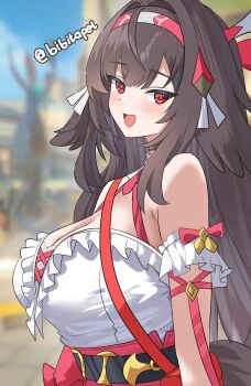 1girl absurdres alternate_breast_size_(larger) armband bag bare_shoulders bibitapel blurry blurry_background blush breasts brown_hair cleavage frilled_armband frilled_shirt frills from_side hairband hashtag-only_commentary highres large_breasts long_hair looking_at_viewer multicolored_hairband official_alternate_costume open_mouth red_bag red_eyes red_ribbon ribbon shirt shoulder_bag solo twitter_username upper_body very_long_hair white_shirt ye_shunguang zenless_zone_zero