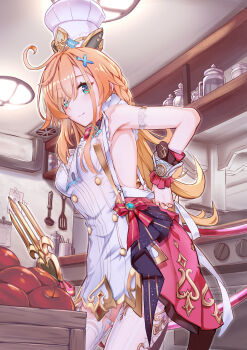 1girl absurdres apple apron bare_shoulders blonde_hair breasts ceiling_light chef chef_hat closed_mouth commentary_request cowboy_shot cowlick crate escoffier_(genshin_impact) fall4592 food fork_hair_ornament from_side fruit frying_pan genshin_impact green_eyes hair_over_one_eye hat heart heart_in_eye highres indoors kitchen long_hair looking_at_viewer mechanical_tail medium_breasts smile solo stove symbol_in_eye tail thighhighs tying_apron white_apron white_hat white_thighhighs