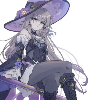 1girl ascot bare_shoulders black_choker black_dress choker detached_sleeves dress feet_out_of_frame flower frilled_sleeves frills grey_hair hair_intakes hat hat_flower herta_(honkai:_star_rail) highres honkai:_star_rail honkai_(series) krakrignmr long_hair long_sleeves looking_at_viewer pantyhose purple_eyes purple_flower simple_background sitting smile solo strapless strapless_dress the_herta_(honkai:_star_rail) thighs very_long_hair white_ascot white_background