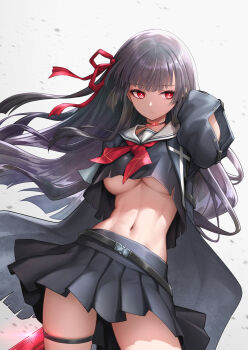1girl abs arm_cutout arm_up black_choker black_hair black_jacket black_shirt black_skirt breasts chinese_commentary chisa_(wuthering_waves) choker closed_mouth clothing_cutout commentary_request cowboy_shot crop_top hair_ribbon highres holding holding_behind_back holding_weapon holding_weapon_behind_back jacket linea_alba long_hair long_sleeves mole mole_under_eye navel neckerchief no_bra partial_commentary red_eyes red_neckerchief red_ribbon ribbon royboy sailor_collar shirt simple_background skirt solo stomach thigh_strap thighs underboob weapon white_background white_sailor_collar wind wuthering_waves