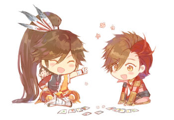 2boys :d ^_^ blush_stickers brown_eyes brown_hair chibi chibi_only closed_eyes feather_hair_ornament feathers hair_ornament hand_up indian_style long_hair maeda_keiji_(sengoku_basara) male_focus monkey multicolored_hair multiple_boys open_mouth ponytail red_hair seiza sengoku_basara shima_sakon_(sengoku_basara) short_hair simple_background sitting smile toruglose two-tone_hair very_long_hair white_background yumekichi