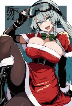 1girl black_boots black_gloves boots breasts brown_pantyhose cz-805_(girls'_frontline) elbow_gloves fingerless_gloves girls'_frontline gloves goggles goggles_on_head green_eyes green_hair hair_between_eyes highres large_breasts long_hair looking_at_viewer pantyhose r_scrubed santa_costume solo thighs