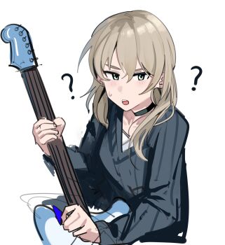 1girl ? absurdres black_choker black_sweater chinese_commentary choker commentary_request electric_guitar fang girls_band_cry green_eyes grey_hair guitar haidao_mao highres holding holding_guitar holding_instrument instrument kawaragi_momoka long_hair multicolored_hair open_mouth roots_(hair) simple_background solo sweatdrop sweater teeth upper_teeth_only white_background