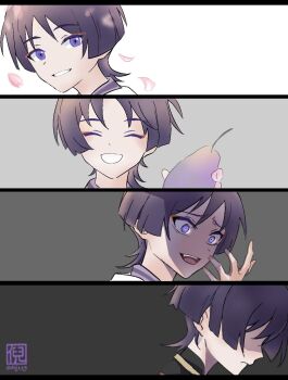 Rule 34 | 1boy, artist name, black border, black shirt, blush, border, closed eyes, closed mouth, comic, commentary, crazy, dbj119, english commentary, food, fruit, genshin impact, grey background, hair between eyes, hand up, happy, highres, looking at viewer, looking to the side, mandarin collar, no eyes, open mouth, pear, petals, purple eyes, purple hair, purple shirt, sad, scaramouche (genshin impact), scaramouche (kabukimono) (genshin impact), shaded face, shirt, short hair, silent comic, simple background, smile, solo, teeth, tongue, upper body, vest, white background, white vest