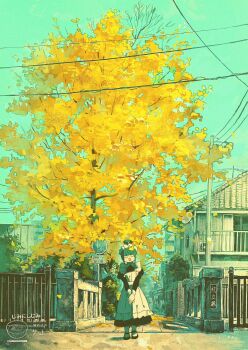 Rule 34 | 1girl, ahoge, ahoge girl (jimini shijimi), apron, aqua hair, autumn, autumn leaves, black dress, blue sky, building, closed eyes, day, dress, facing viewer, falling leaves, fence, highres, jimini shijimi, leaf, long sleeves, maid, maid apron, maid headdress, mary janes, open mouth, original, outdoors, power lines, scenery, shoes, short hair, sign, sky, solo, standing, translation request, tree, urban, utility pole, white apron, wide shot