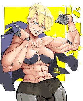 1girl abs absurdres blonde_hair blue_eyes breasts cyberpunk_(series) cyberpunk:_edgerunners cyborg dorio_(cyberpunk) highres jacket large_breasts looking_at_viewer muscular muscular_female shine short_hair solo teeth z_tohara