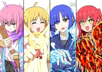 +_+ 4girls ^_^ ahoge aokiji_(one_piece) blonde_hair blue_hair blue_jacket blush bocchi_the_rock! bokken breath clenched_hand closed_eyes column_lineup fighting_stance fujitora_(one_piece) glint gotoh_hitori hand_guard haori highres ice ijichi_nijika jacket japanese_clothes kita_ikuyo kizaru_(one_piece) lava light looking_at_viewer mole mole_under_eye multiple_girls one_piece parody pink_hair pointing purple_scarf red_hair reverse_grip sakazuki_(one_piece) scarf sheath shimaryu703 simple_background smile sword unsheathing weapon white_background wooden_sword yamada_ryo