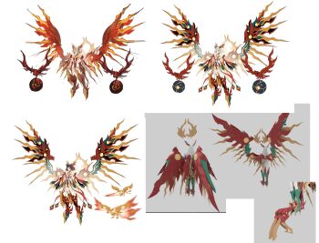 Rule 34 | 1girl, absurdres, alternate color, bird, breasts, brown eyes, brown hair, detached sleeves, dress, feathered wings, fiery wings, flat color, full body, highres, medium breasts, reference sheet, solo, starward, thighhighs, white background, white dress, wings, zhu fun