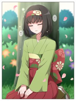 1girl absurdres black_hair erika_(pokemon) flower green_kimono hairband hakama highres japanese_clothes kimono nintendo open_mouth outdoors pokemon pokemon_lgpe red_hairband red_hakama shabana_may short_hair sitting sleeping solo tree under_tree
