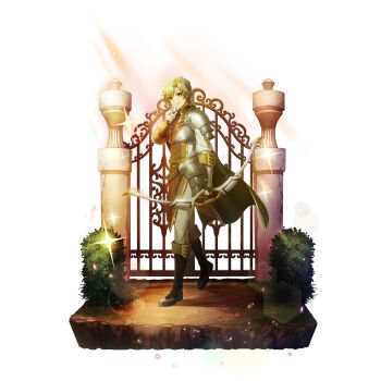 1boy armor armored_boots armored_gloves artist_request blonde_hair boots bow_(weapon) brown_boots brown_gloves brown_tunic bush cape closed_mouth collared_tunic elbow_gloves fingerless_gloves forehead full_body game_cg gate gloves green_cape green_eyes hand_up high_collar holding holding_bow_(weapon) holding_weapon kawasumi_itsuki knee_boots legendary_bow_(small_bow)_(tate_no_yuusha_no_nariagari) legendary_bow_(tate_no_yuusha_no_nariagari) light_particles light_rays light_smile long_sleeves looking_at_viewer male_focus messy_hair muneate official_art outdoors pants parted_bangs pauldrons shirt short_hair shoulder_armor sidelocks simple_background single_pauldron sleeveless_tunic smile solo sparkle standing sunbeam sunlight tate_no_yuusha_no_nariagari tate_no_yuusha_no_nariagari_rerise transparent_background tunic turtleneck_tunic weapon white_pants white_shirt