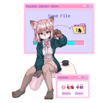 1girl absurdres animal_ears barefoot body_fur brown_fur brown_hair brown_skirt closed_mouth collared_shirt controller danganronpa_(series) danganronpa_2:_goodbye_despair furry furry_female game_controller green_jacket grey_shirt hair_ornament highres jacket long_sleeves miniskirt monokuma nanami_chiaki neck_ribbon open_clothes open_jacket pink_eyes pink_ribbon ribbon rotana_(namgoongdg1000) shirt shirt_tucked_in sitting skirt solo translation_request wolf_ears wolf_girl