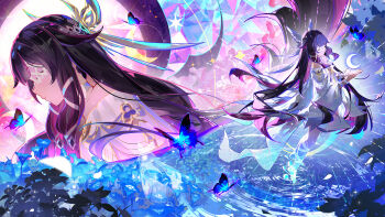 1girl black_hair blue_butterfly blue_flower bug butterfly closed_eyes columbina_(genshin_impact) crescent dress feathered_wings flower genshin_impact hair_ribbon head_wings highres insect kuuhenki_(genshin_impact) long_hair multicolored_hair multiple_wings pink_hair ribbon sidelocks very_long_hair white_dress white_mask white_ribbon wings yu_e_baba