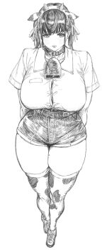 1girl absurdres animal_ear_hairband animal_ears animal_print arms_behind_back bell blush borrowed_character breasts button_gap closed_mouth collared_shirt cow_ear_hairband cow_ears cow_girl cow_horns cow_print cow_print_thighhighs cowbell curvy dress_shirt fake_animal_ears fake_horns fanged_bangs full_body futao_miruku_(riki) greyscale hair_ribbon hairband highres horn_hairband horns indinu large_breasts mole mole_on_thigh mole_under_eye monochrome neck_bell original plump print_thighhighs revision ribbon shirt shirt_tucked_in shoes short_shorts short_sleeves shorts simple_background sneakers solo thick_thighs thighhighs thighs twintails white_background wide_hips wing_collar