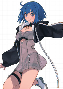 1girl bikini black_bikini black_jacket blue_eyes blue_hair blush breasts c.i.e.l_(fate) mysterious_executor_c.i.e.l_(fate) ciel_(tsukihime) commentary_request cropped_jacket cross cross_necklace fate/grand_order fate_(series) highres jacket jewelry latin_cross looking_at_viewer medium_breasts necklace official_alternate_costume open_mouth see-through_clothes short_hair simple_background smile solo swimsuit uxco0 white_background