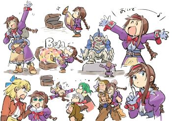 ^_^ belt black_pantyhose blonde_hair blue_eyes blue_ribbon booby_trap boots bow braid brown_belt brown_boots brown_hair carrying clive_winslett closed_eyes dress explosion gallows_carradine glasses gloves green_hair grey_hair hair_ribbon hairband headband jet_enduro lips long_hair maya_schrodinger open_mouth pantyhose piggyback ponytail purple_dress red_bow red_hairband ribbon schturdark shirt short_hair sidelocks smile treasure_chest tsubobot virginia_maxwell waving white_background white_gloves wild_arms wild_arms_3 yellow_headband