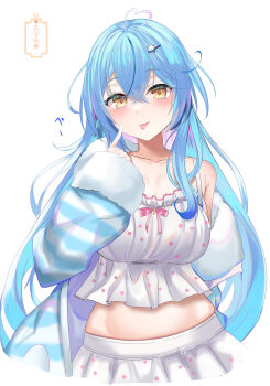 1girl absurdres ahoge amemiya_arikapu bare_shoulders blue_hair blush breasts camisole closed_mouth collarbone colored_tips commentary_request elf hair_between_eyes hair_ornament heart heart_ahoge highres hololive large_breasts long_hair looking_at_viewer multicolored_hair official_alternate_costume official_alternate_hairstyle pink_hair pointing pointing_at_self pointy_ears polka_dot polka_dot_camisole polka_dot_skirt simple_background skirt sleepwear sleeves_past_wrists solo tongue tongue_out virtual_youtuber white_background white_camisole white_skirt yellow_eyes yukihana_lamy yukihana_lamy_(roomwear)