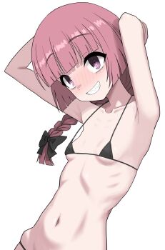 1girl armpits arms_up bikini blunt_bangs blush bocchi_the_rock! braid breasts collarbone commentary_request eyebrows_hidden_by_hair grin hair_ornament halulu highres hiroi_kikuri long_hair looking_at_viewer micro_bikini navel red_eyes ringed_eyes sharp_teeth simple_background skinny small_breasts smile solo swimsuit teeth upper_body white_background
