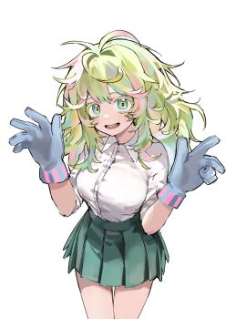 1girl ahha3_good aqua_eyes blonde_streaks blue_gloves blush boku_no_hero_academia breasts collared_shirt colored_eyelashes commentary gloves green_hair green_skirt hagakure_toru highres large_breasts long_hair messy_hair multicolored_hair pink_streaks pleated_skirt school_uniform shirt shirt_tucked_in skirt smile streaked_hair thick_eyelashes u.a._school_uniform white_background white_shirt