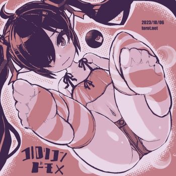 1girl ahoge backbeako_(torotei) backbeard blush bow_camisole camisole closed_mouth commentary dated dated_commentary dutch_angle feet female_focus foot_focus gegege_no_kitarou hair_over_one_eye hair_ribbon kono_lolicon_domome light_frown loli long_hair looking_at_viewer micro_shorts monochrome navel no_shoes one_eye_closed original paid_reward_available pointy_ears red_background ribbon ribs shorts simple_background soles solo striped_clothes striped_thighhighs thighhighs toes torotei translated twintails watermark web_address