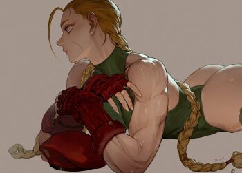 1girl ass beret biceps blonde_hair blue_eyes braid cammy_white closed_mouth facial_scar fingerless_gloves fingernails gauntlets gloves green_leotard grey_background hat highres leotard lips long_hair looking_to_the_side lying morry muscular muscular_female no_headwear nose on_stomach profile red_gloves red_hat scar scar_on_cheek scar_on_face simple_background solo street_fighter thong_leotard trapezius twin_braids unworn_hat unworn_headwear very_long_hair