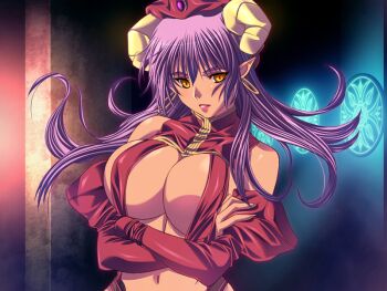1girl bare_shoulders breasts cleavage crossed_arms dark-skinned_female dark_skin demon_horns dress game_cg grin horns huge_breasts large_breasts long_hair looking_at_viewer m&amp;m_(mickey_and_mackey) nora_(toriko_no_hime) orange_eyes pointy_ears smile toriko_no_hime upper_body
