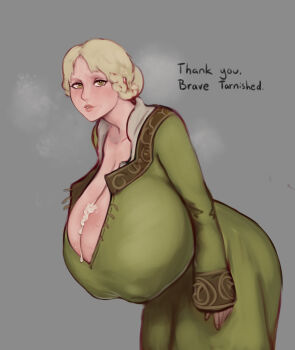 1girl blonde_hair breasts cleavage clothes cum cum_on_body cum_on_breasts cum_on_upper_body dress ejaculation_between_breasts english_text female_focus fromsoftware gigantic_breasts green_dress green_eyes grey_background heart heart-shaped_pupils highres long_hair looking_at_viewer mature_female rya_(elden_ring) shinyglute simple_background smile solo sweat symbol-shaped_pupils