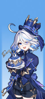 &quot;pour_la_justice&quot;_(genshin_impact) 1girl :d absurdres ahoge black_shorts blue_background blue_eyes blue_hair blue_hat blue_jacket cake character_name colored_inner_hair commentary_request cowboy_shot food furina_(genshin_impact) genshin_impact gloves hat highres holding holding_plate jacket long_sleeves looking_at_viewer man_ge multicolored_hair open_mouth plate short_hair shorts smile solo standing top_hat white_gloves white_hair