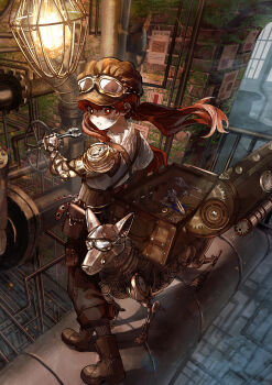 1girl absurdres analog_clock boots brick_wall bright_pupils brown_boots brown_hat brown_pants brown_socks newsboy_cap check_headwear chest_(furniture) clenched_teeth clock collar collared_shirt eyewear_on_head frilled_collar frills from_behind gears goggles hat highres holding holding_tool holding_wrench industrial_pipe kika lace-up_boots light_bulb long_hair looking_at_viewer looking_back low_twintails mechanical_arms moss non-humanoid_robot original pants paper poster_(object) red_eyes red_hair robot robot_animal robot_dog shirt short_sleeves single_mechanical_arm socks solo standing teeth twintails white_pupils white_shirt wrench