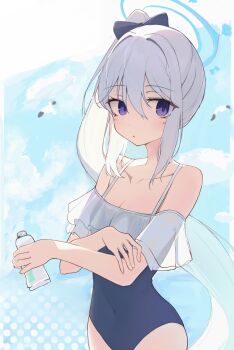 1girl bird blue_archive blue_bow blue_halo blue_one-piece_swimsuit bow breasts cleavage collarbone commentary_request hair_bow halo highres holding long_hair looking_at_viewer matchadzuke miyako_(blue_archive) miyako_(swimsuit)_(blue_archive) one-piece_swimsuit partial_commentary ponytail purple_eyes seagull solo swimsuit very_long_hair white_hair
