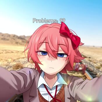 2girls animated blue_eyes bound bow brown_hair brown_sweater_vest closed_mouth collared_shirt desert doki_doki_literature_club empty_eyes green_eyes grey_jacket hair_between_eyes hair_bow imminent_death implied_murder implied_suicide incoming_train jacket khyle. light_smile long_hair looking_at_viewer monika_(doki_doki_literature_club) multiple_girls neck_ribbon photo_background pink_hair railroad_tracks red_bow red_ribbon ribbon sayori_(doki_doki_literature_club) school_uniform shirt short_hair sound sweater_vest tagme tied_up_(nonsexual) video white_shirt
